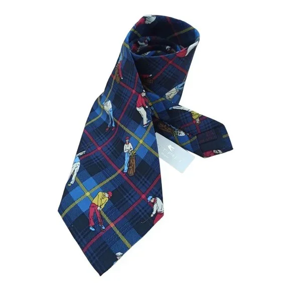🆕ETRO MILANO Blue Plaids & Checks Golf Player Silk Tie ITALY 57/ 3.8 NWT